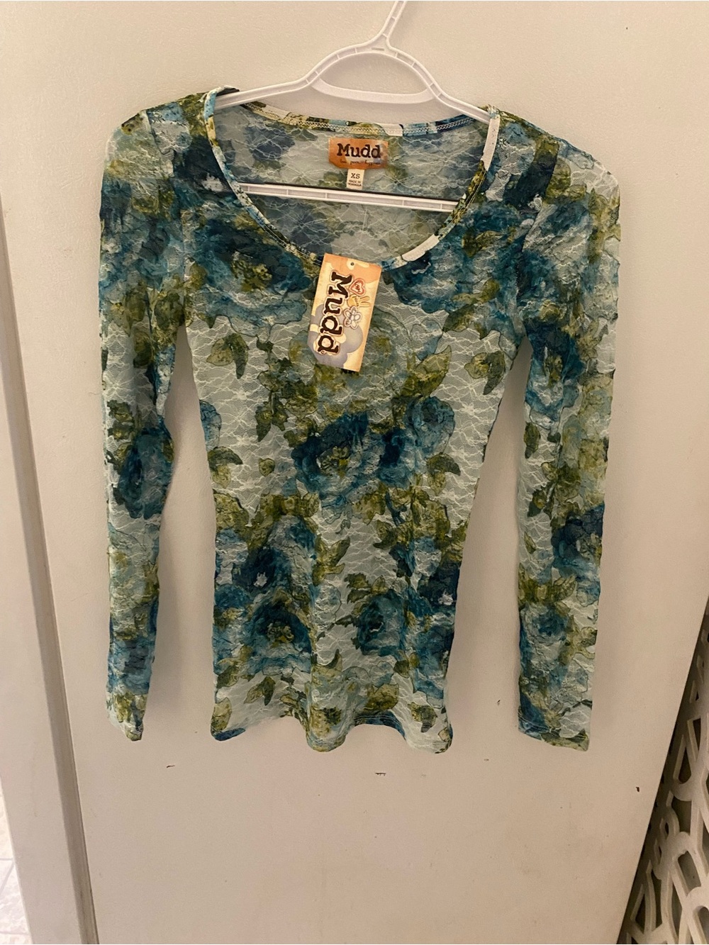Y2K MUDD Floral Lace Long-Sleeve Top in Blue and Green